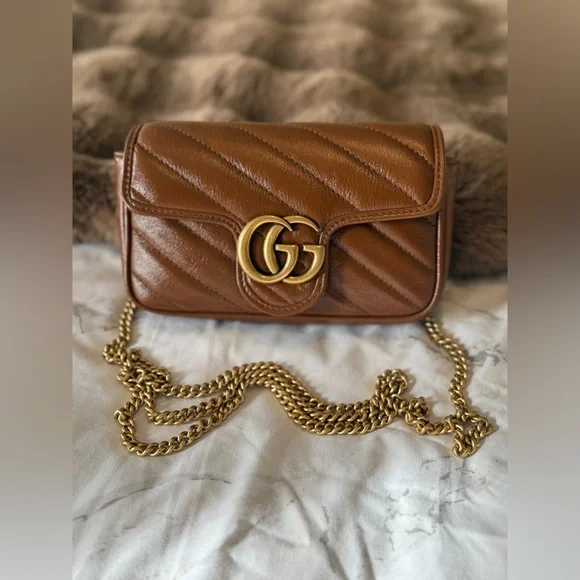 🎀Brand New Gucci Brown Diagonal Matelassé Leather Super Mini Marmont 🎀 - Picture 2 of 12